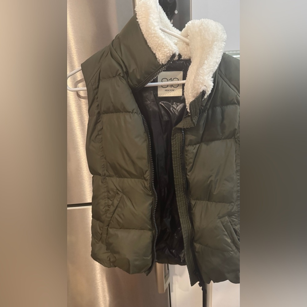 S13 Olive Green Puffer Vest with Faux Shearling Collar